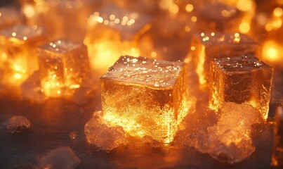 Artistic close-up of shimmering ice cubes with water droplets illuminated by soft light creating a dynamic and refreshing visual texture,