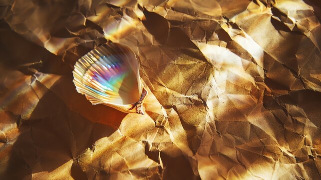 A seashell sits on crumpled brown paper.
