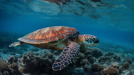 Fototapeta premium Sea Turtle Swimming Underwater