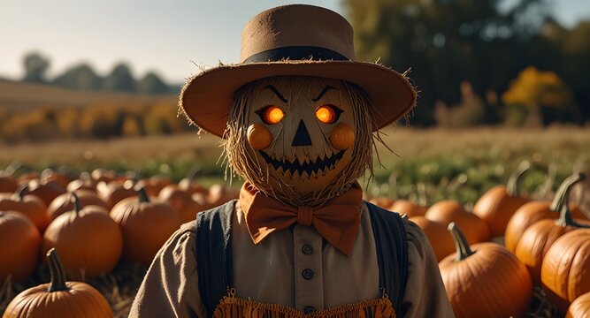A scarecrow with a hat and a pumpkin, featuring glowing jack-o'-lantern eyes, stands in a pumpkin-filled Halloween field. 