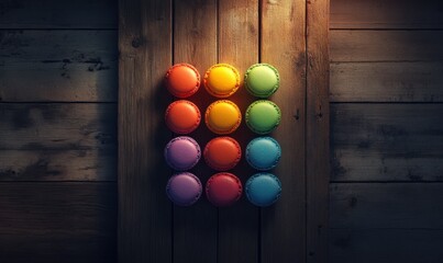 Obraz premium Colorful spheres arranged in a grid on wooden background surface.