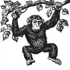 Fototapeta premium A detailed illustration of a chimpanzee hanging from a branch surrounded by leaves