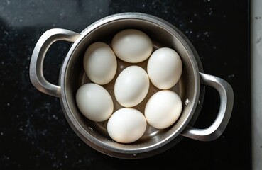 Top view of chicken eggs boiling in stainless steel pot on black stove. White eggshells, steam, hot liquid. Concept of healthy food, breakfast, cooking and preparation. Natural ingredient, tasty diet.