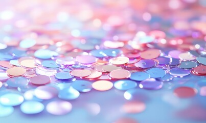 Artistic flat lay of shimmering pastel sequins scattered across a smooth surface, soft lighting creating a dreamy and playful atmosphere