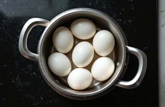 Top view of chicken eggs boiling in stainless steel pot on black stove. White eggshells, steam, hot liquid. Concept of healthy food, breakfast, cooking and preparation. Natural ingredient, tasty diet.