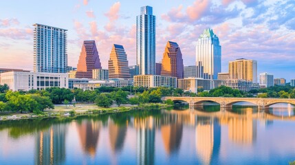 Fototapeta premium Cityscape by the River: A vibrant cityscape, reflecting in calm water, showcasing a modern skyline of towers and buildings and green trees with a bridge and a picturesque sky in the background.