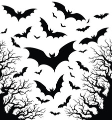 Spooky Bat Silhouette Scene – Flying Bats and Haunted Trees Halloween Vector Illustration