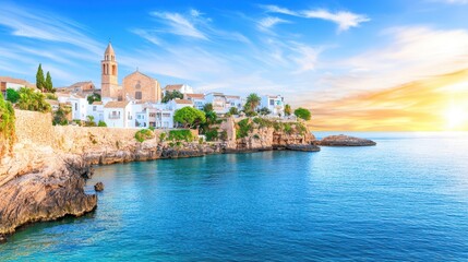 Naklejka premium Coastal Charm: A picturesque seaside town nestled on a rugged coastline, with a church spire reaching for a vibrant blue sky, inviting travelers to explore and unwind