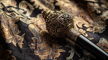Ornate ceremonial staff head detail on rich fabric.