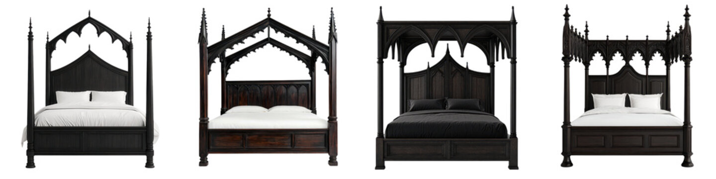 Elaborately carved and decorated medieval style canopy bed set in a dramatic moody gothic inspired bedroom interior design with lavish ornate details and a sense of historical grandeur and luxury