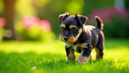 Fluffy miniature schnauzer puppy exploring outdoor garden, exploring, curious, gray