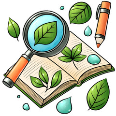 Illustration of Book with Magnifying Glass and Leaves. Knowledge and Exploration education day 