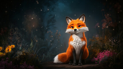 charming and clever fox sits amidst magical forest, surrounded by colorful flowers and soft glowing lights. Its bright orange fur and playful expression evoke sense of wonder and mischief