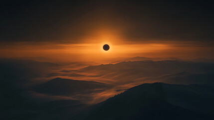 A solar eclipse casting an eerie glow over a tranquil mountain ridge