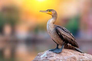 Fototapeta premium A cormorant drying its wings on a jagged rock, the setting sun casting a golden glow