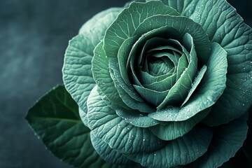Obraz premium Decorative Cabbage Closeup with Water Drops and Moody Green Hues