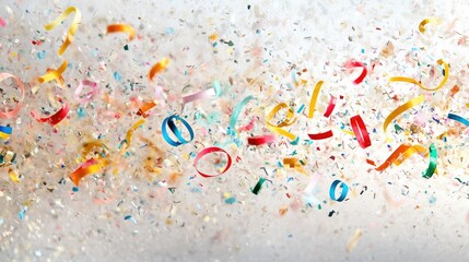 Fototapeta premium A dynamic cascade of multicolor confetti and curling ribbons floating in the air, perfect for capturing the essence of joyful celebration and fun