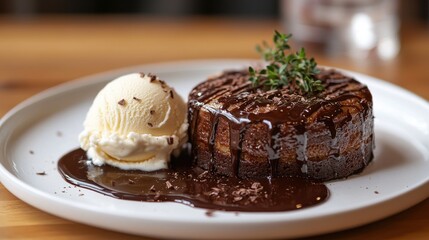 molten chocolate cake with ice cream and rich chocolate drizzle on white plate