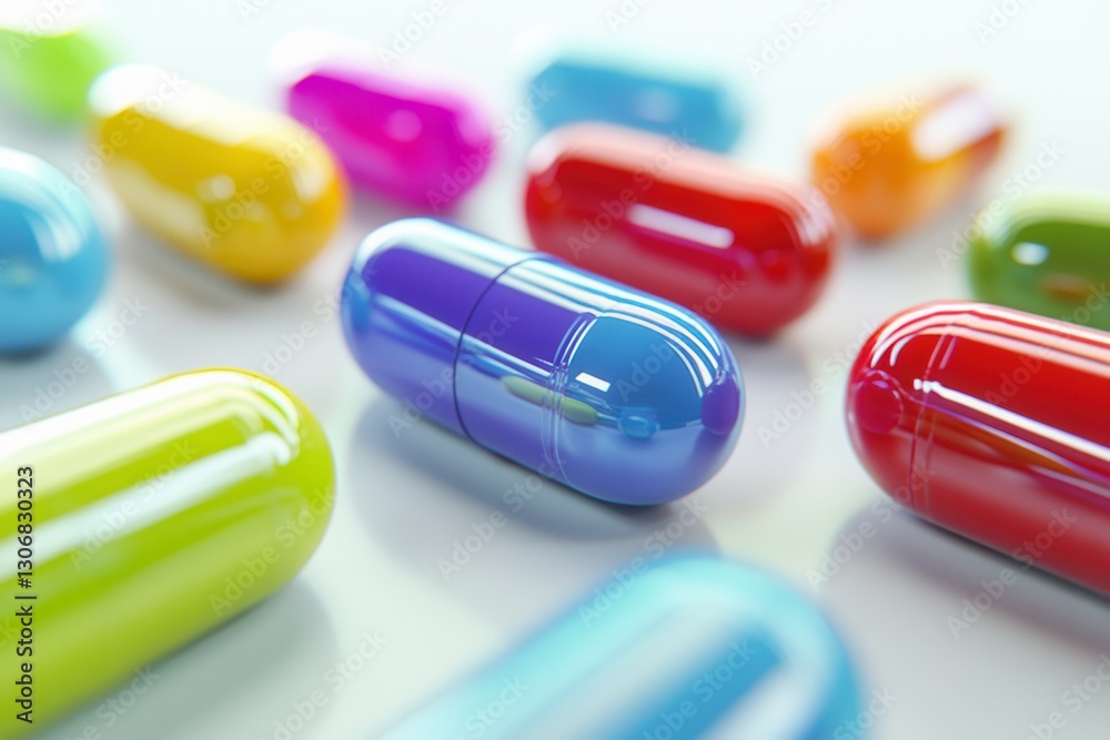 Poster colorful array of capsules on a minimalist background showcasing medical themes with vibrant details