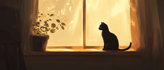 Beautiful Silhouette of Cat Sitting on Window Sill with Sunlight Streaming Through, Creating a Serene and Peaceful Atmosphere in a Cozy Home