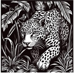 A leopard stealthily prowls through dense jungle foliage, showcasing its striking coat and intense gaze