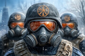 Fototapeta premium A cyberpunk metropolis where people wear oxygen masks to survive in a toxic, contaminated atmosphere