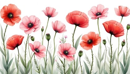Fototapeta premium Watercolor painting of poppy flowers on white backdrop. Set of pink, red flower paintings. Hand painted floral design. Flower card, banner, template. Spring field with poppy flowers. Floral