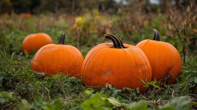 Pumpkins resting in a field of green plants under soft light, autumn season at its peak, vibrant colors. - Powered by Adobe