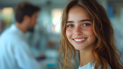 Obraz premium Smiling Woman in a Bright Laboratory Setting with a Blurred Background