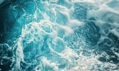 Fototapeta premium Crystal-clear ocean water crashing into a sandy shore, with bright turquoise hues and dynamic wave patterns captured in motion