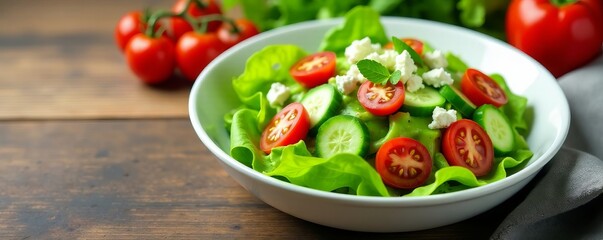 Fresh green salad with tomatoes, cucumbers, and feta cheese in white bowl on wooden table, nutrition, organic, vegetables