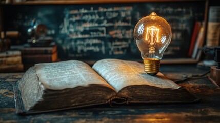 open book with glowing light bulb and mathematical formulas in background