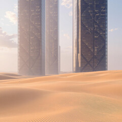 Futuristic Towers Amidst Desert Dunes at Dusk
