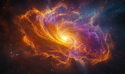 Obraz premium Dramatic cosmic scene of a glowing planet surrounded by swirling nebulae and stars in vivid hues of orange, purple, and blue .