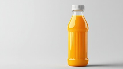 A transparent plastic bottle filled with vibrant orange juice, sealed with a secure cap, displayed on a clean white background. Ideal for beverage packaging and branding