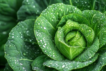 Fototapeta premium Fresh Green Cabbage Growing with Water Drops in Garden