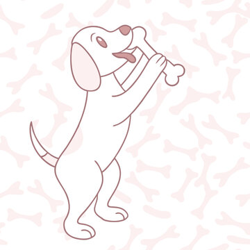 Happy illustrated dog proudly biting a bone, space for text on the side