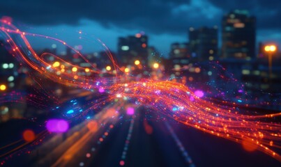 Obraz premium Dynamic depiction of glowing urban street lights forming colorful trails against a night city backdrop, evoking motion and energy .