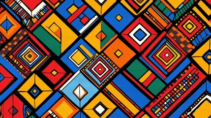 Abstract South African pattern with traditional Zulu beadwork motifs, bold lines, and diamond shapes in vivid reds, blues, yellows, and greens, reflecting African heritage
