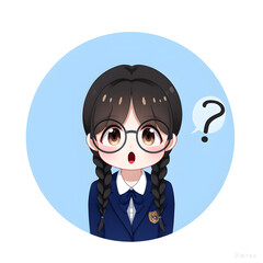 Inquisitive student girl: A young student with pigtails and glasses is thinking with a speech bubble and a question mark inside, with a bright blue background in a circle.