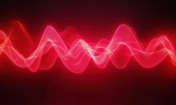 Dynamic red neon lines forming wave patterns illuminated by gradient light creating a bold futuristic abstract visual .