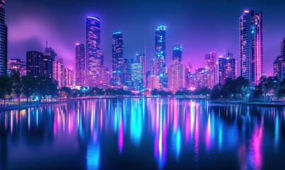 Fototapeta premium Dynamic urban skyline glowing with vibrant neon blue and purple lights reflected on a calm river creating a futuristic cityscape .
