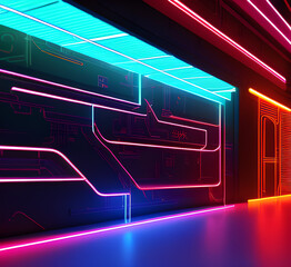 Obraz premium Abstract neon arrow direction random light on black empty space design modern futuristic technology background illustration.,generative AI