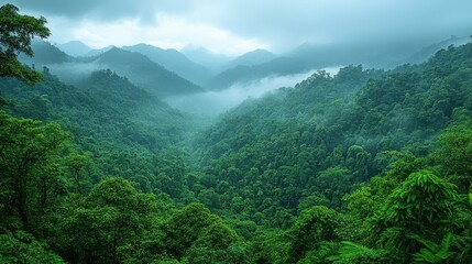 Fototapeta premium Misty mountain valley lush rainforest; nature background