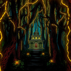 Enchanted Temple Surrounded by Mystical Forest