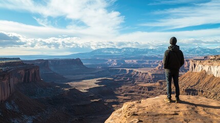 Traveler standing on a rocky cliff overlooking a vast canyon landscape under a bright blue sky. Rugged terrain and expansive views create a sense of adventure and exploration. Generative AI