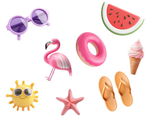  Set of 3D summer icons on transparent background.