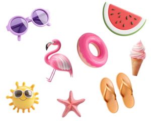 
Set of 3D summer icons on transparent background.