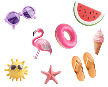 
Set of 3D summer icons on transparent background.