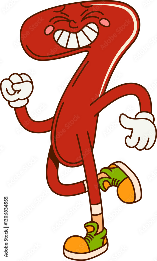 Poster groovy math number seven character. school math number comical funny mascot. kids education numeric 